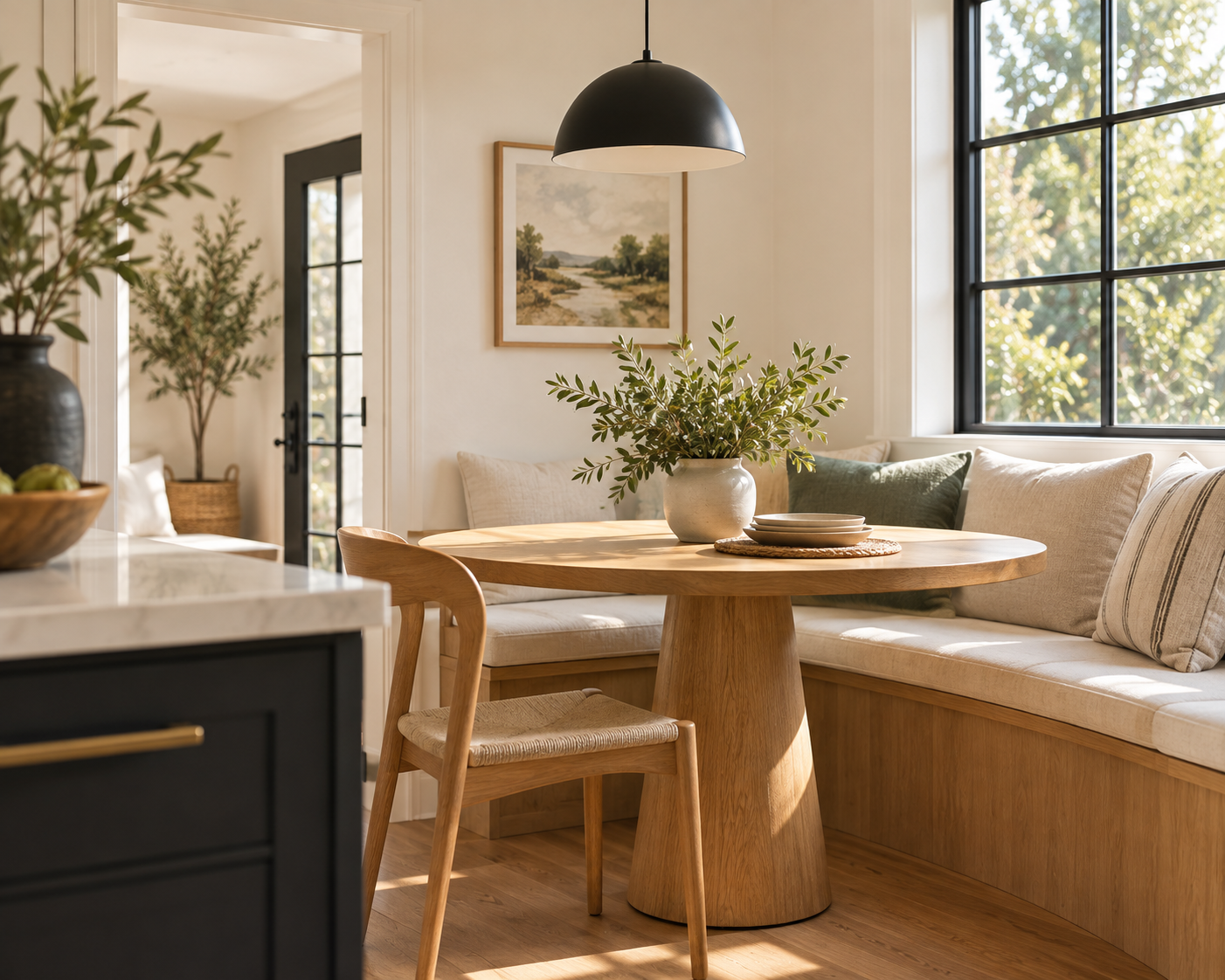 Warm, sunlit dining nook with built-in seating and natural wood finishes